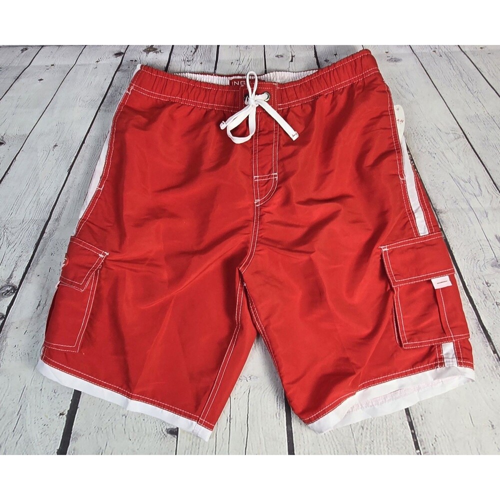 Ingear Men's Red Swimming Trunks White Strip Beach Swim Sz M Classic Drawstring